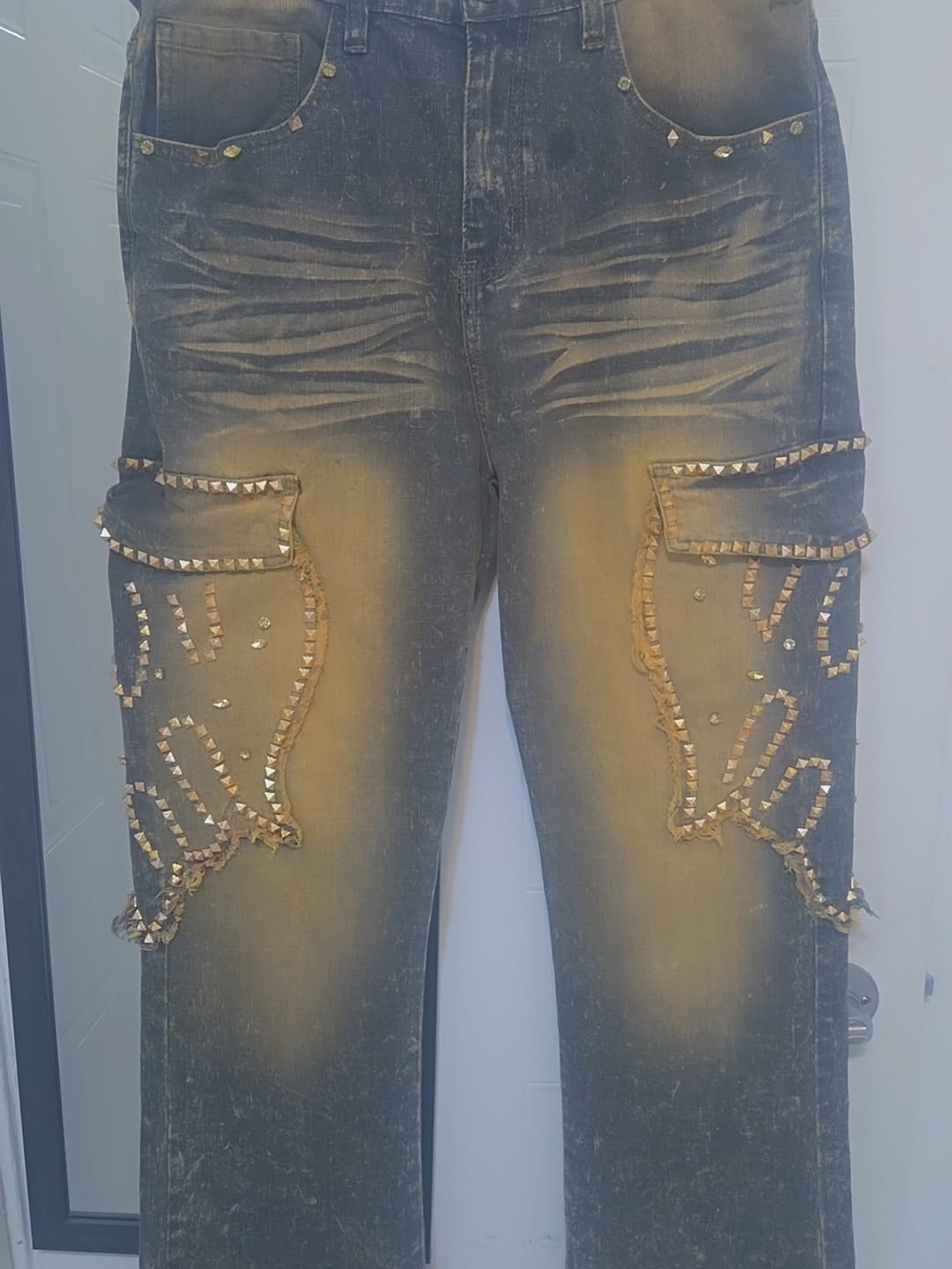 Men's Black Distressed Wide-Leg Jeans with Studded Pocket Panels